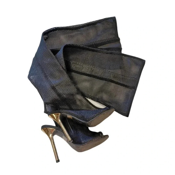 💥HOST PICK💥 Over The Knee Fishnet Peep Toe Metallic Heels Boots Size 5.5 - Picture 6 of 12